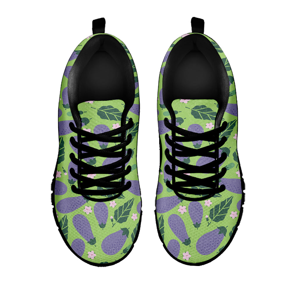 Eggplant With Leaves And Flowers Print Black Sneakers