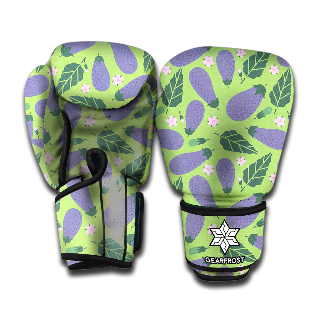 Eggplant With Leaves And Flowers Print Boxing Gloves