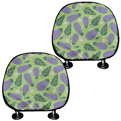 Eggplant With Leaves And Flowers Print Car Headrest Covers