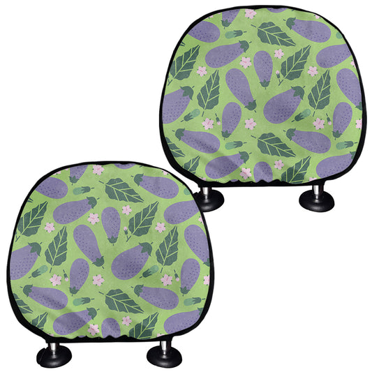 Eggplant With Leaves And Flowers Print Car Headrest Covers