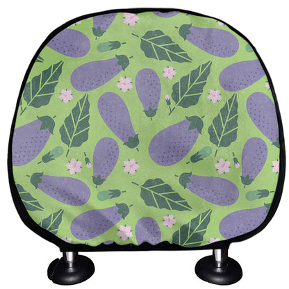 Eggplant With Leaves And Flowers Print Car Headrest Covers