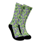 Eggplant With Leaves And Flowers Print Crew Socks