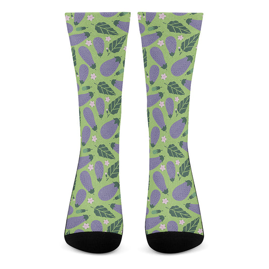 Eggplant With Leaves And Flowers Print Crew Socks