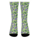 Eggplant With Leaves And Flowers Print Crew Socks