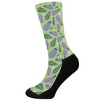 Eggplant With Leaves And Flowers Print Crew Socks