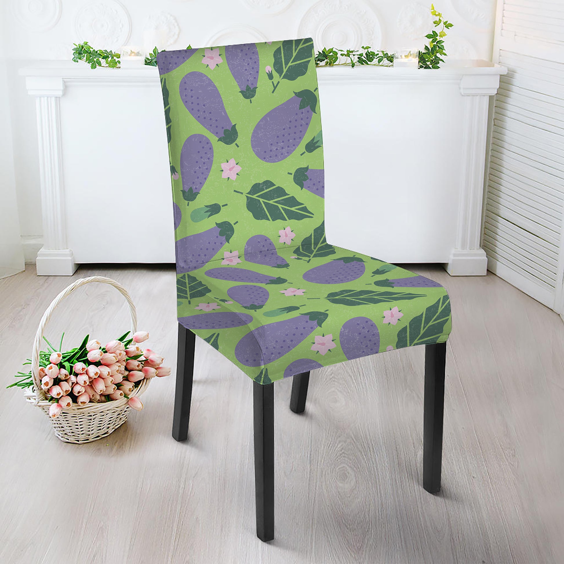Eggplant With Leaves And Flowers Print Dining Chair Slipcover
