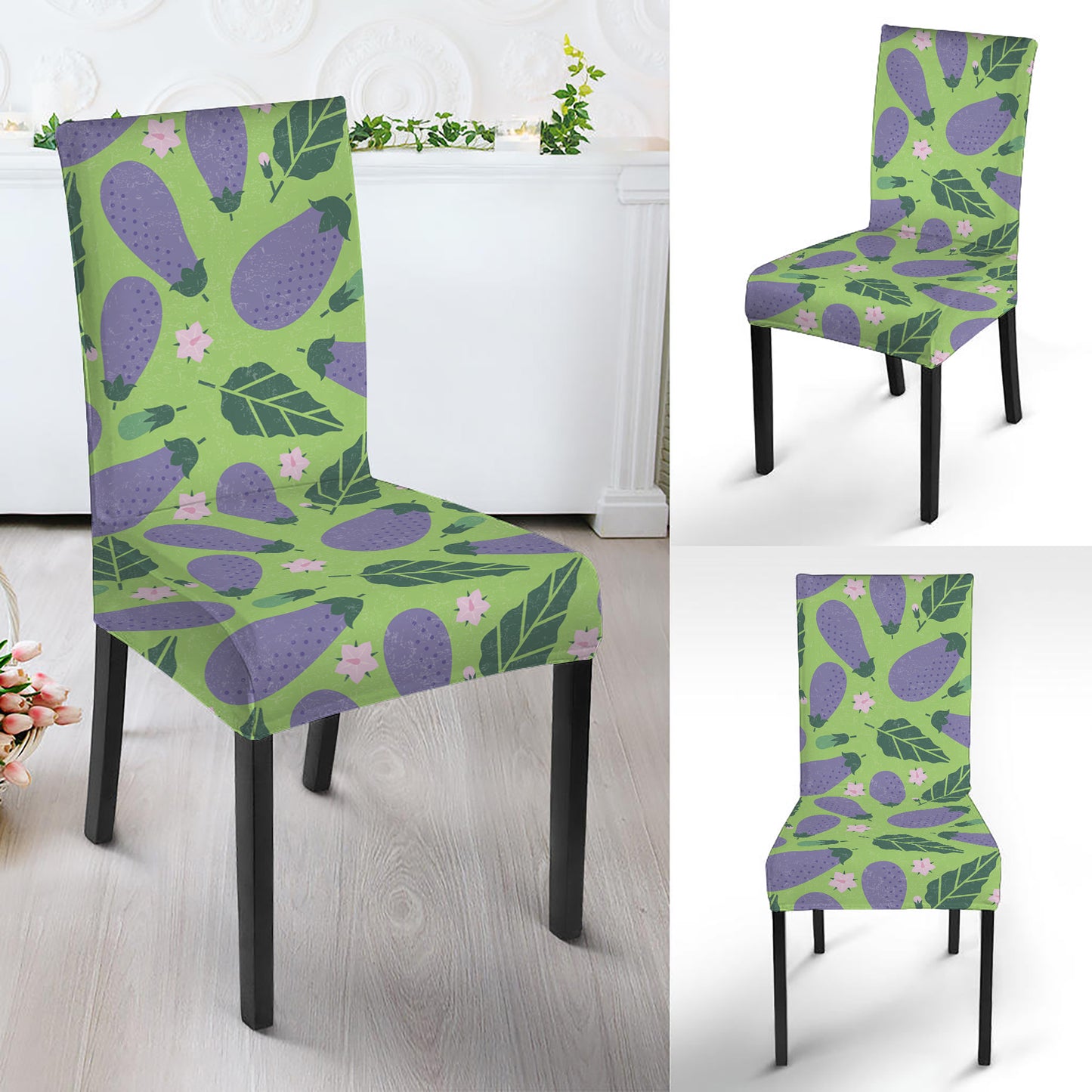 Eggplant With Leaves And Flowers Print Dining Chair Slipcover