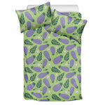 Eggplant With Leaves And Flowers Print Duvet Cover Bedding Set