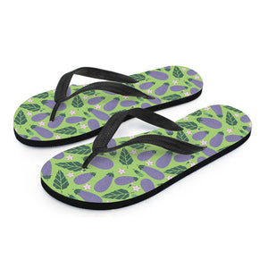 Eggplant With Leaves And Flowers Print Flip Flops