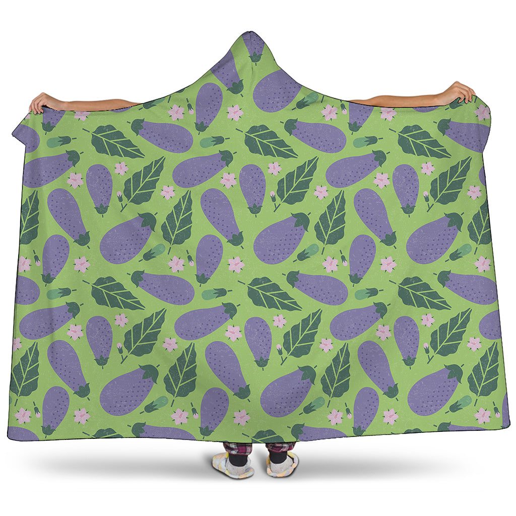 Eggplant With Leaves And Flowers Print Hooded Blanket