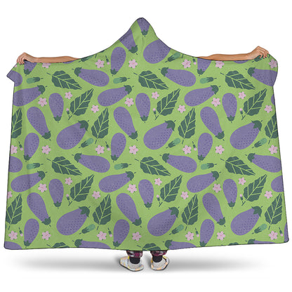 Eggplant With Leaves And Flowers Print Hooded Blanket