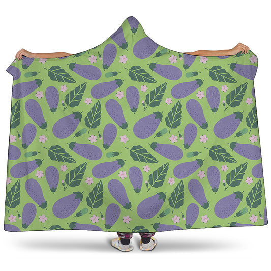 Eggplant With Leaves And Flowers Print Hooded Blanket