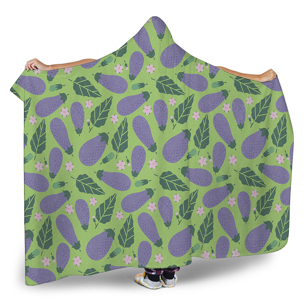 Eggplant With Leaves And Flowers Print Hooded Blanket