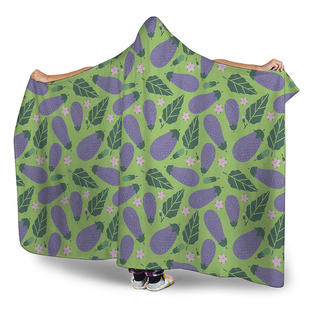 Eggplant With Leaves And Flowers Print Hooded Blanket