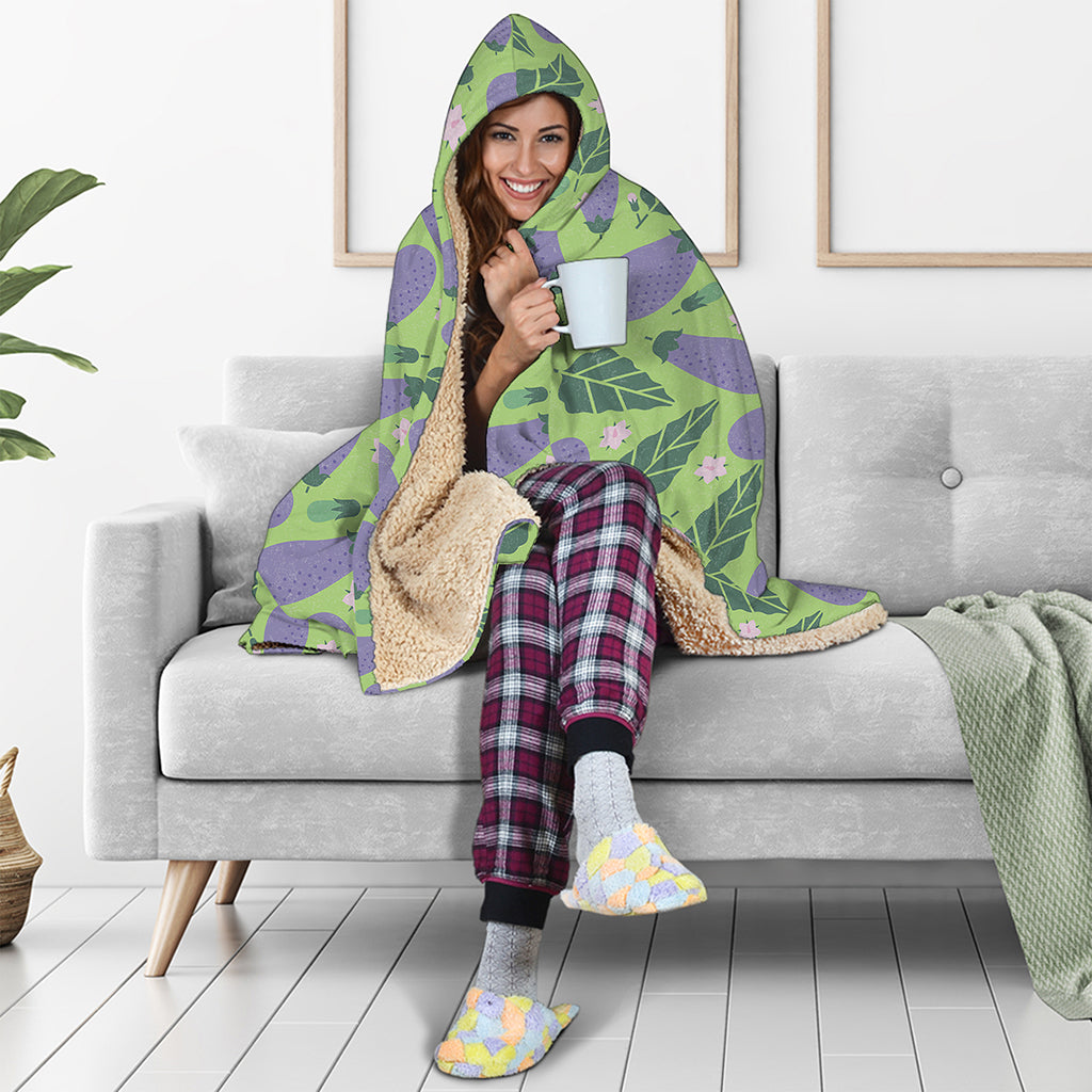 Eggplant With Leaves And Flowers Print Hooded Blanket