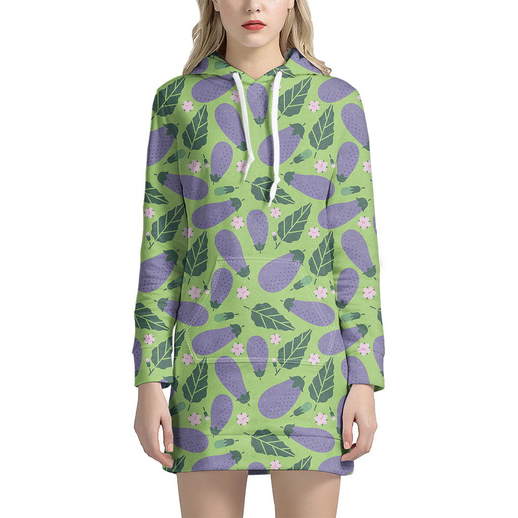 Eggplant With Leaves And Flowers Print Hoodie Dress