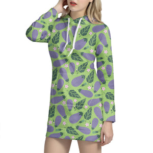 Eggplant With Leaves And Flowers Print Hoodie Dress