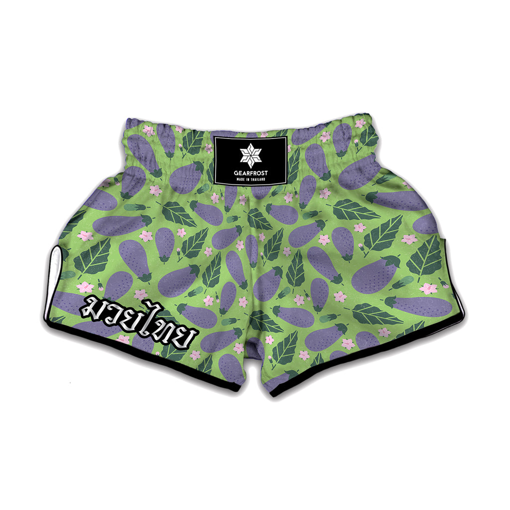 Eggplant With Leaves And Flowers Print Muay Thai Boxing Shorts