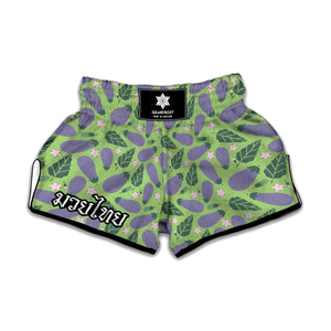 Eggplant With Leaves And Flowers Print Muay Thai Boxing Shorts