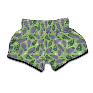 Eggplant With Leaves And Flowers Print Muay Thai Boxing Shorts