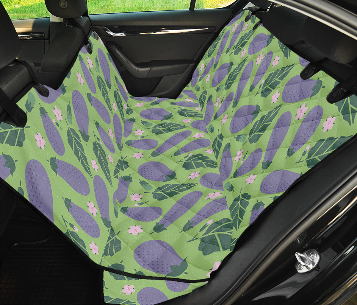 Eggplant With Leaves And Flowers Print Pet Car Back Seat Cover