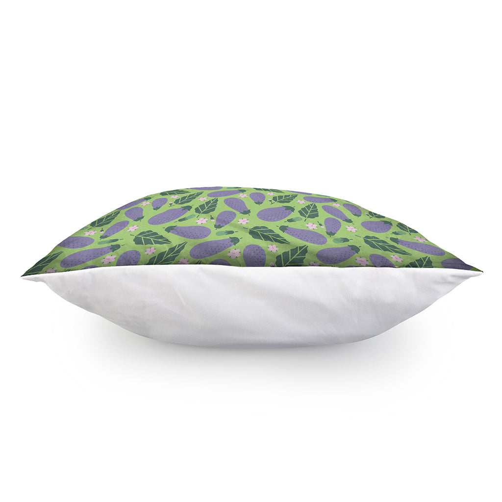 Eggplant With Leaves And Flowers Print Pillow Cover