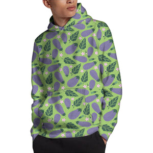 Eggplant With Leaves And Flowers Print Pullover Hoodie