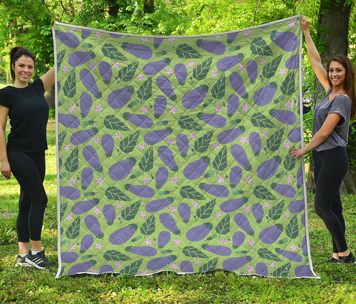 Eggplant With Leaves And Flowers Print Quilt