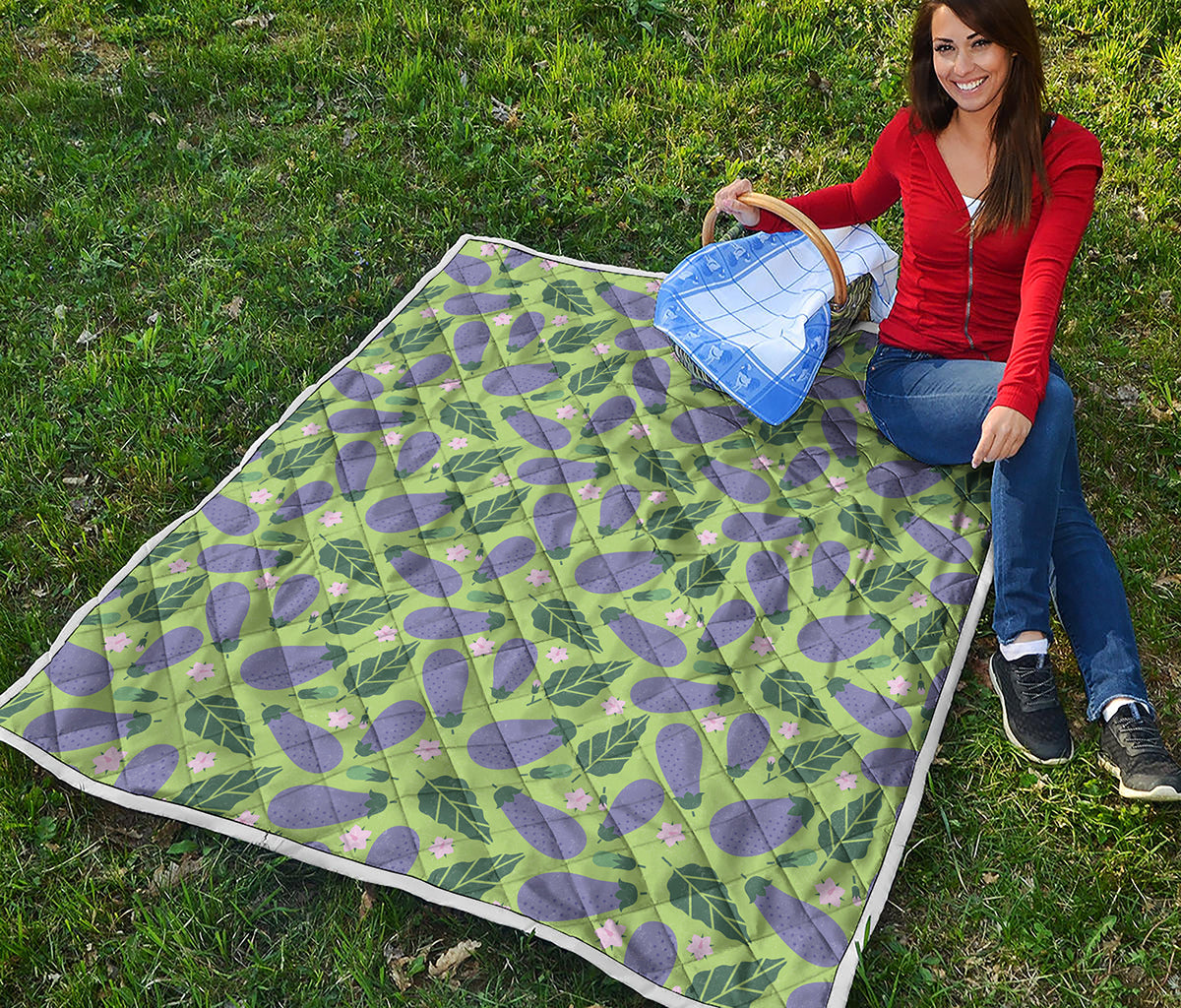 Eggplant With Leaves And Flowers Print Quilt