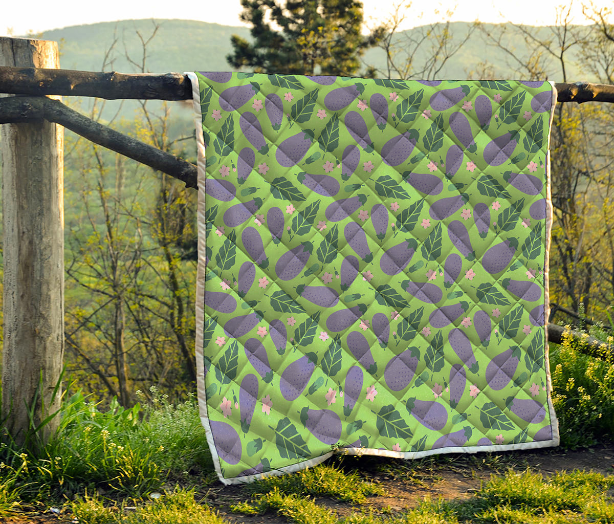 Eggplant With Leaves And Flowers Print Quilt
