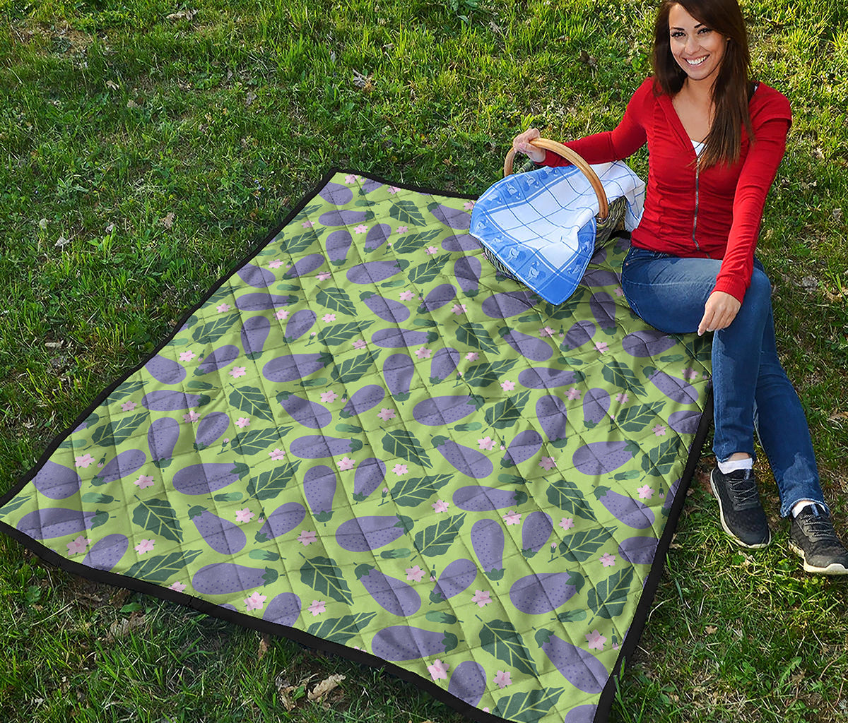 Eggplant With Leaves And Flowers Print Quilt
