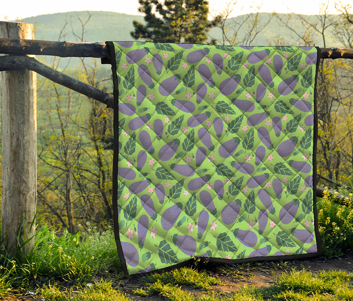 Eggplant With Leaves And Flowers Print Quilt