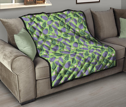 Eggplant With Leaves And Flowers Print Quilt