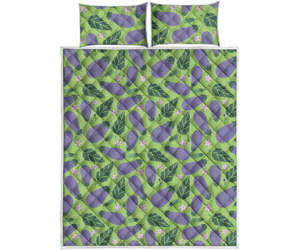 Eggplant With Leaves And Flowers Print Quilt Bed Set