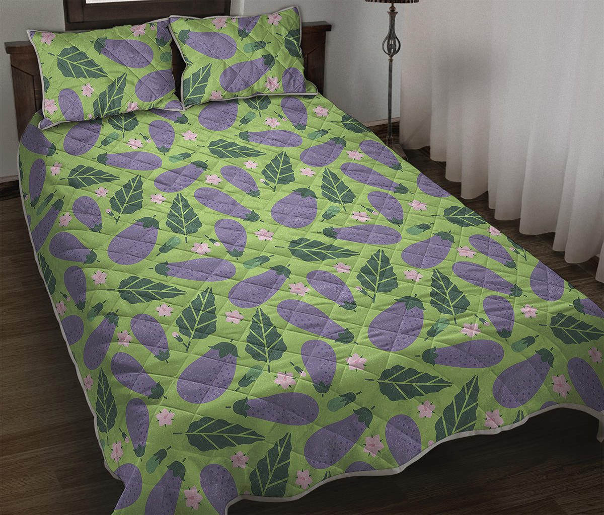 Eggplant With Leaves And Flowers Print Quilt Bed Set