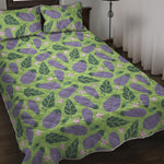 Eggplant With Leaves And Flowers Print Quilt Bed Set