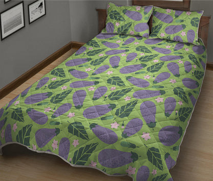 Eggplant With Leaves And Flowers Print Quilt Bed Set