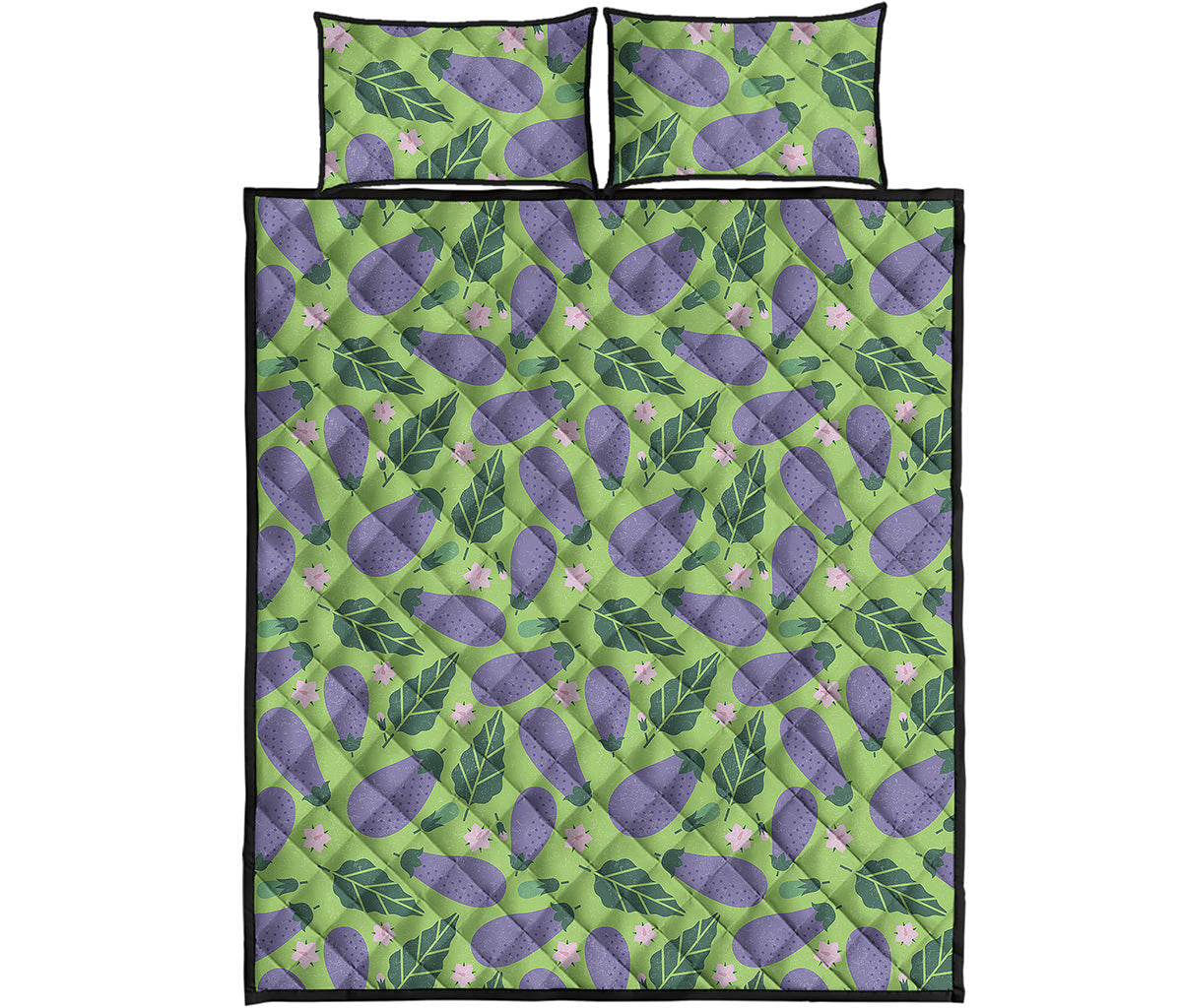 Eggplant With Leaves And Flowers Print Quilt Bed Set