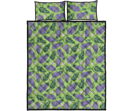 Eggplant With Leaves And Flowers Print Quilt Bed Set