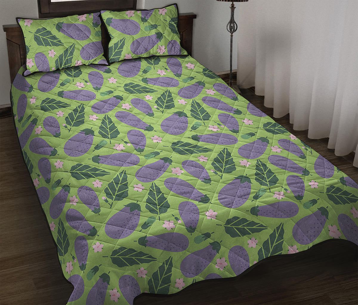 Eggplant With Leaves And Flowers Print Quilt Bed Set