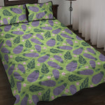 Eggplant With Leaves And Flowers Print Quilt Bed Set