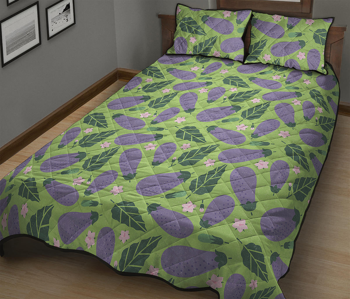 Eggplant With Leaves And Flowers Print Quilt Bed Set