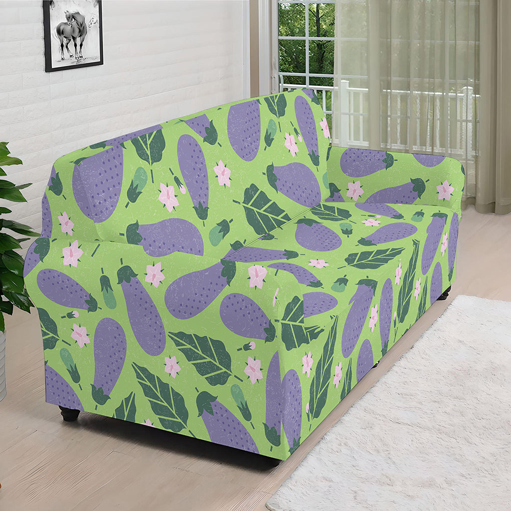 Eggplant With Leaves And Flowers Print Sofa Cover