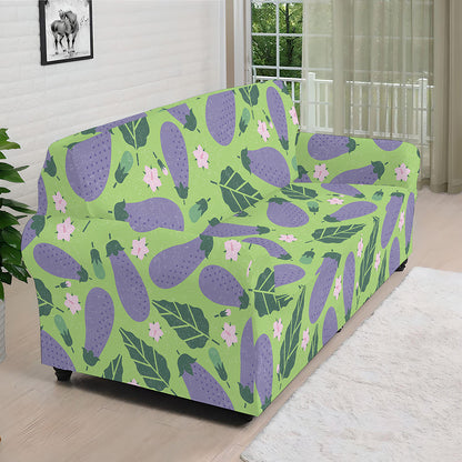 Eggplant With Leaves And Flowers Print Sofa Cover