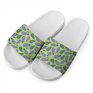 Eggplant With Leaves And Flowers Print White Slide Sandals