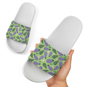 Eggplant With Leaves And Flowers Print White Slide Sandals