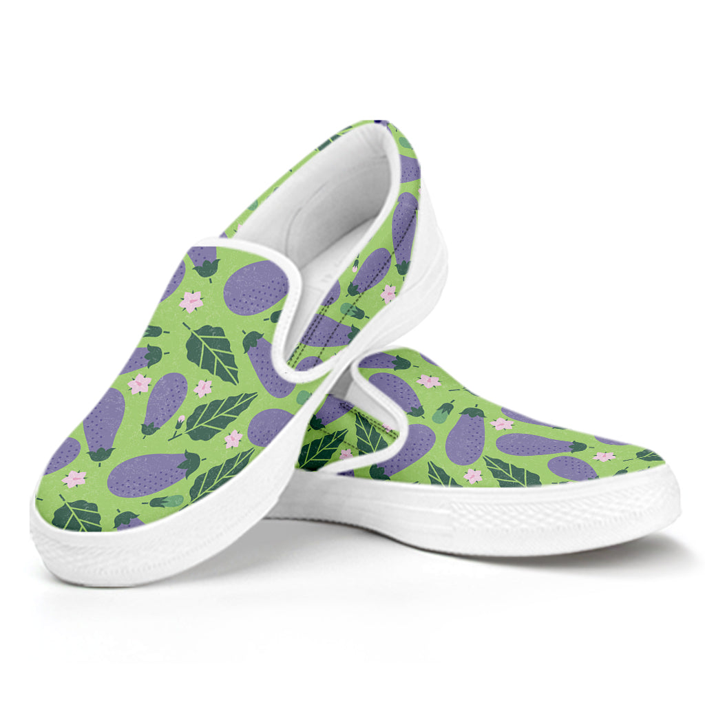 Eggplant With Leaves And Flowers Print White Slip On Shoes