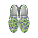 Eggplant With Leaves And Flowers Print White Slip On Shoes