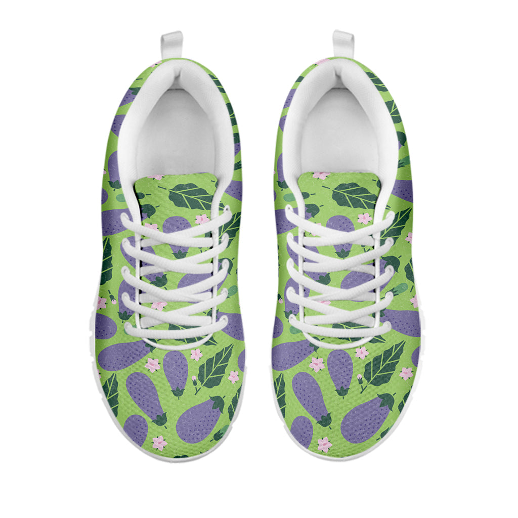 Eggplant With Leaves And Flowers Print White Sneakers