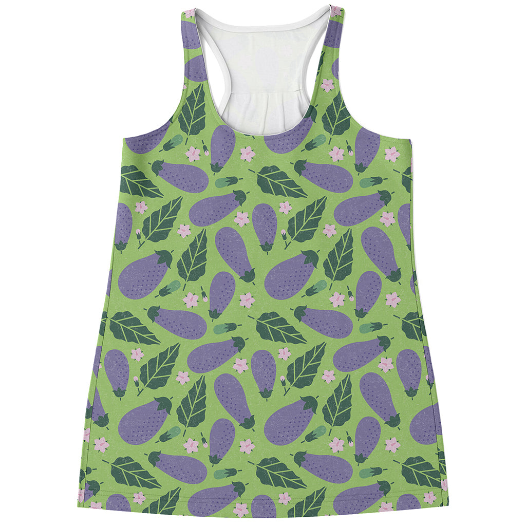 Eggplant With Leaves And Flowers Print Women's Racerback Tank Top